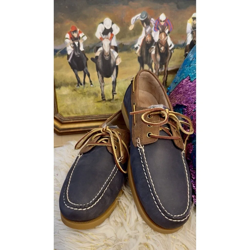 POLO Ralph Lauren BIENNE II Leather Boat Fisherman Shoe Blue Brown Men 12 Photos